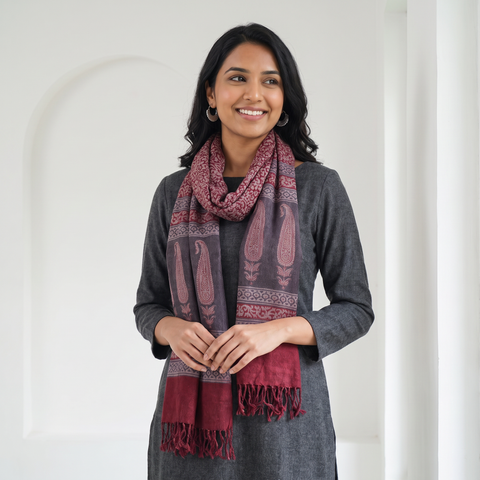 Grey and red Handwoven Merino Wool Natural Dyed Hand Block Bagh Print Stole, worn by a woman, AI visual of the stole, iTokri