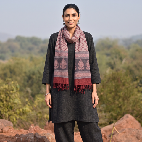 Grey and red Handwoven Merino Wool Natural Dyed Hand Block Bagh Print Stole, worn by a woman, AI visual of the stole, iTokri