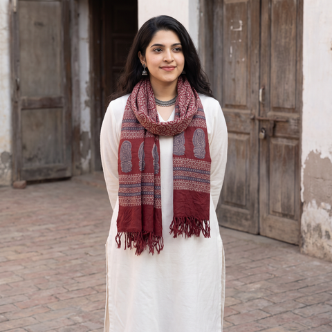 Grey and red Handwoven Merino Wool Natural Dyed Hand Block Bagh Print Stole, worn by a woman, AI visual of the stole, iTokri