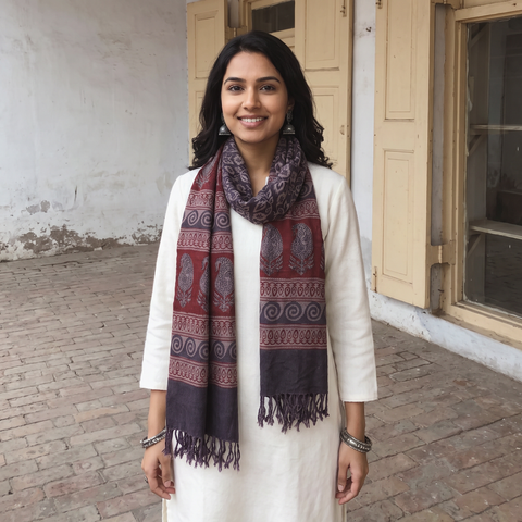 Grey and red Handwoven Merino Wool Natural Dyed Hand Block Bagh Print Stole, worn by a woman, AI visual of the stole, iTokri