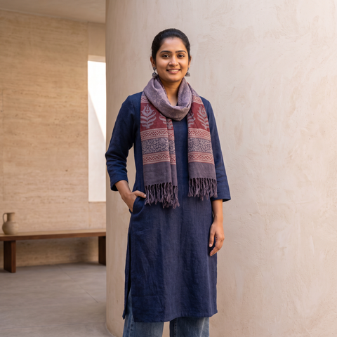 Grey and red Handwoven Merino Wool Natural Dyed Hand Block Bagh Print Stole, worn by a woman, AI visual of the stole, iTokri