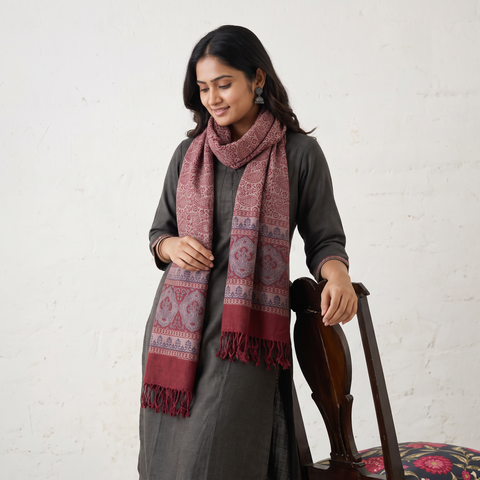 Grey and red Handwoven Merino Wool Natural Dyed Hand Block Bagh Print Stole, worn by a woman, AI visual of the stole, iTokri