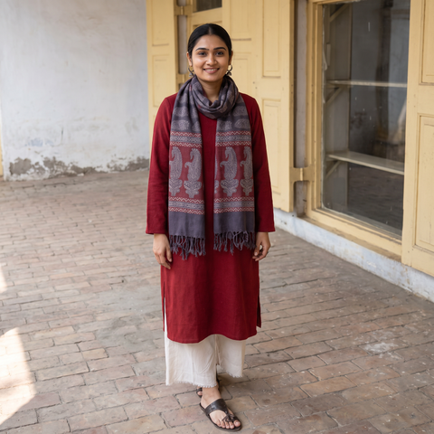 Grey and red Handwoven Merino Wool Natural Dyed Hand Block Bagh Print Stole, worn by a woman, AI visual of the stole, iTokri