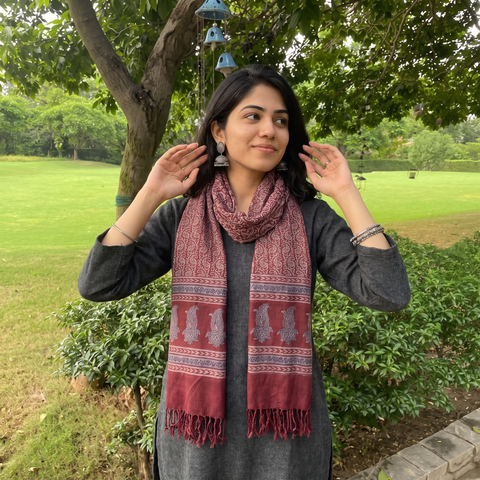 Grey and red Handwoven Merino Wool Natural Dyed Hand Block Bagh Print Stole, worn by a woman, AI visual of the stole, iTokri