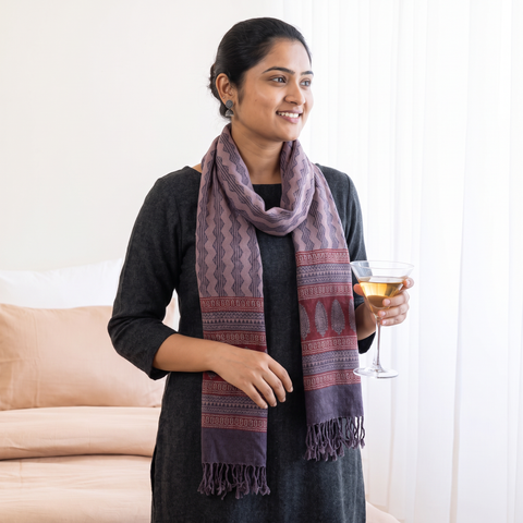 Grey and red Handwoven Merino Wool Natural Dyed Hand Block Bagh Print Stole, worn by a woman, AI visual of the stole, iTokri