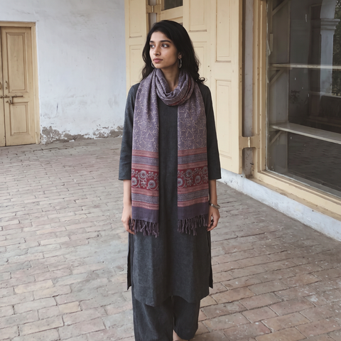 Grey and red Handwoven Merino Wool Natural Dyed Hand Block Bagh Print Stole, worn by a woman, AI visual of the stole, iTokri