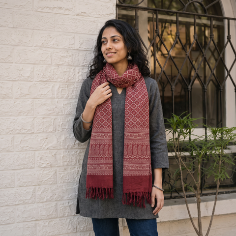 Red and grey Handwoven Merino Wool Natural Dyed Hand Block Bagh Print Stole, worn by a woman, AI visual of the stole, iTokri
