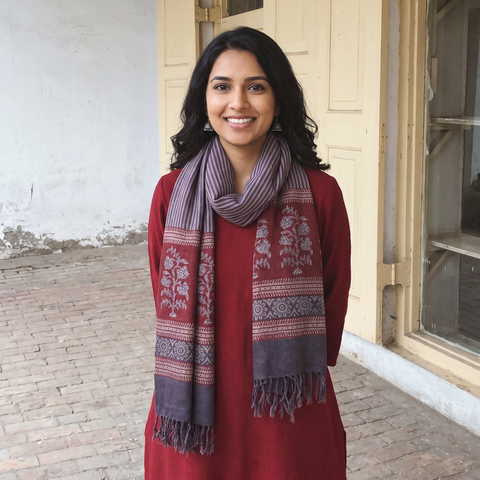 Grey and red Handwoven Merino Wool Natural Dyed Hand Block Bagh Print Stole, worn by a woman, AI visual of the stole, iTokri