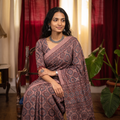 Brown Handwoven Merino Wool Natural Dyed Hand Block Print Ajrakh Saree, draped and worn by a woman, AI visual of the saree, iTokri