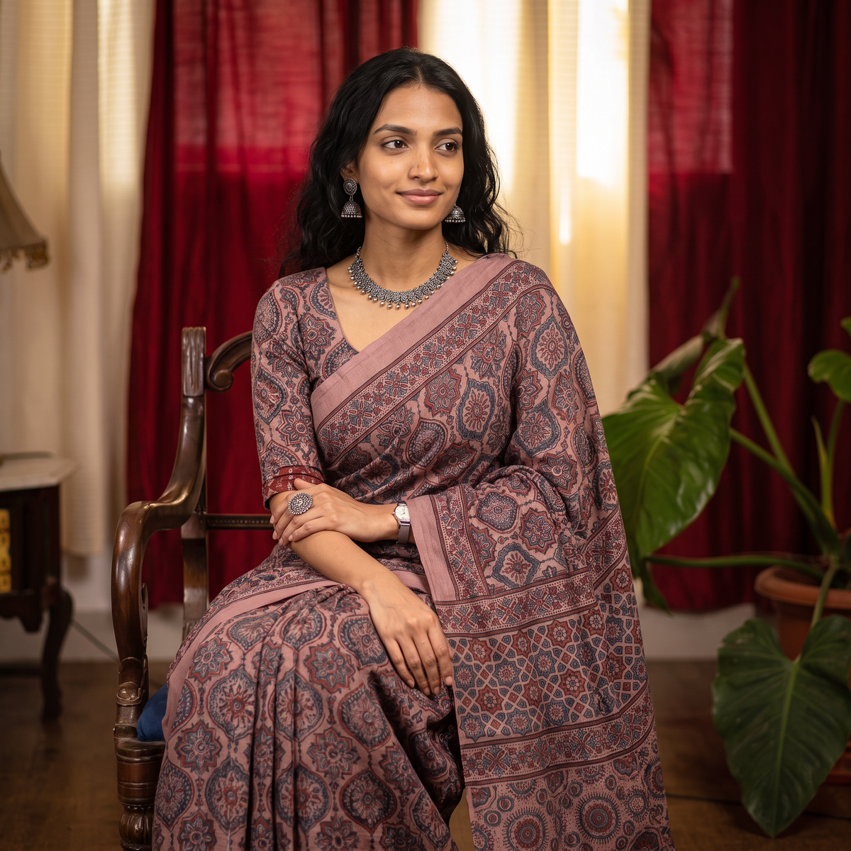Brown Handwoven Merino Wool Natural Dyed Hand Block Print Ajrakh Saree, draped and worn by a woman, AI visual of the saree, iTokri