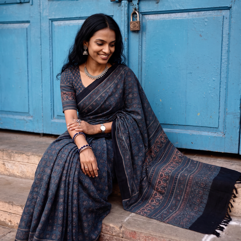 Blue Handwoven Merino Wool Natural Dyed Hand Block Print Ajrakh Saree, draped and worn by a woman, AI visual of the saree, iTokri