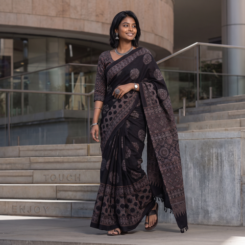 Black Handwoven Merino Wool Natural Dyed Hand Block Print Ajrakh Saree, draped and worn by a woman, AI visual of the saree, iTokri