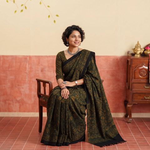 Green Handwoven Merino Wool Natural Dyed Hand Block Print Ajrakh Saree, draped and worn by a woman, AI visual of the saree, iTokri