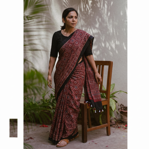 Black Handwoven Merino Wool Natural Dyed Hand Block Print Ajrakh Saree, draped and worn by a woman, AI visual of the saree, iTokri
