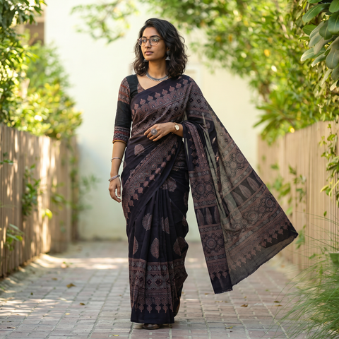 Black Handwoven Merino Wool Natural Dyed Hand Block Print Ajrakh Saree, draped and worn by a woman, AI visual of the saree, iTokri