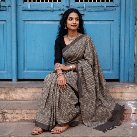 Beige Handwoven Merino Wool Natural Dyed Hand Block Print Ajrakh Saree, draped and worn by a woman, AI visual of the saree, iTokri