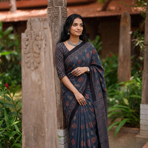 Blue Handwoven Merino Wool Natural Dyed Hand Block Print Ajrakh Saree, draped and worn by a woman, AI visual of the saree, iTokri