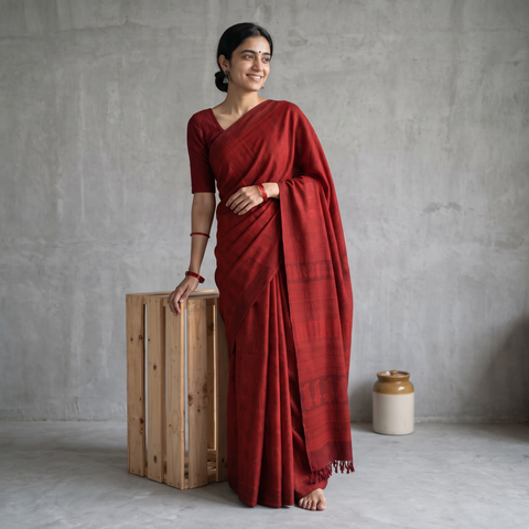 Red Handwoven Merino Wool Natural Dyed Hand Block Print Bagh Saree, draped and worn by a woman, AI visual of the saree, iTokri