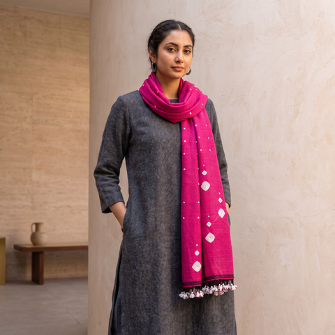 Pink Handwoven Merino Wool Tie-Dye Shibori Stole, worn by a woman, AI visual of the stole, iTokri