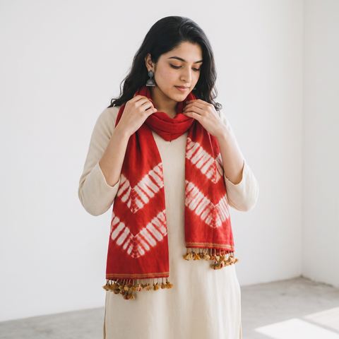 Red Handwoven Merino Wool Tie-Dye Shibori Stole, worn by a woman, AI visual of the stole, iTokri