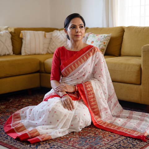 White Handwoven Pure Cotton Phulia Jamdani Saree for Durga Puja, draped and worn by a woman, AI visual of the saree, iTokri