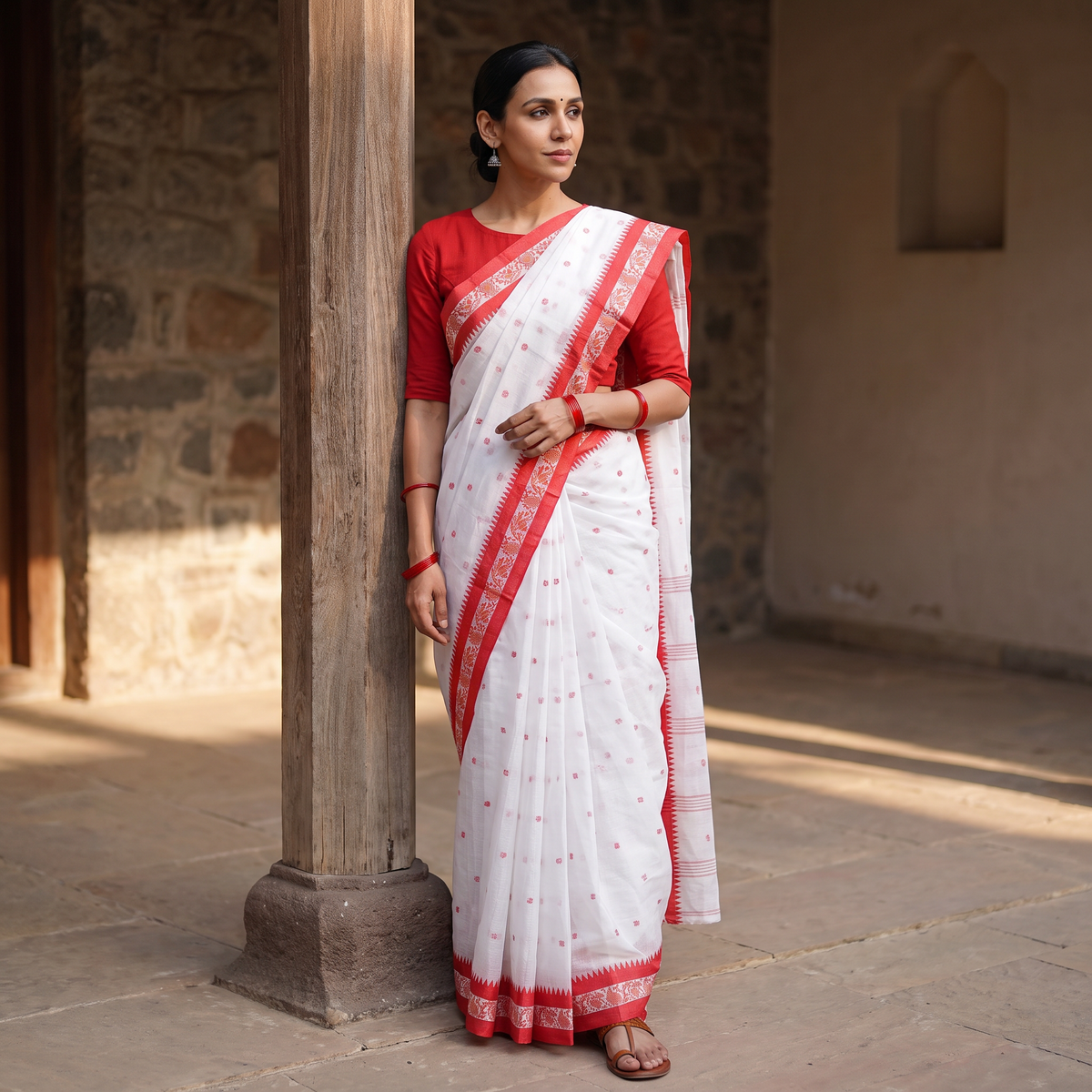 White Handwoven Pure Cotton Phulia Jamdani Saree for Durga Puja, draped and worn by a woman, AI visual of the saree, iTokri