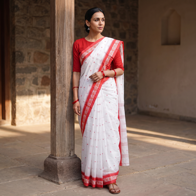 White Handwoven Pure Cotton Phulia Jamdani Saree for Durga Puja, draped and worn by a woman, AI visual of the saree, iTokri