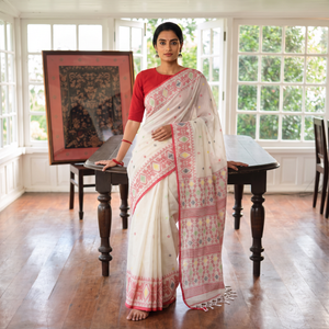 White Handwoven Pure Cotton Phulia Jamdani Saree for Durga Puja, draped and worn by a woman, AI visual of the saree, iTokri