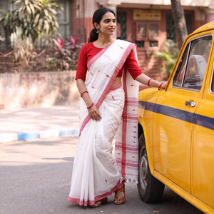 White Handwoven Pure Cotton Phulia Jamdani Saree for Durga Puja, draped and worn by a woman, AI visual of the saree, iTokri