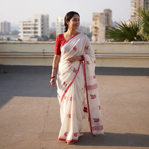 White Handwoven Pure Cotton Phulia Jamdani Saree for Durga Puja, draped and worn by a woman, AI visual of the saree, iTokri