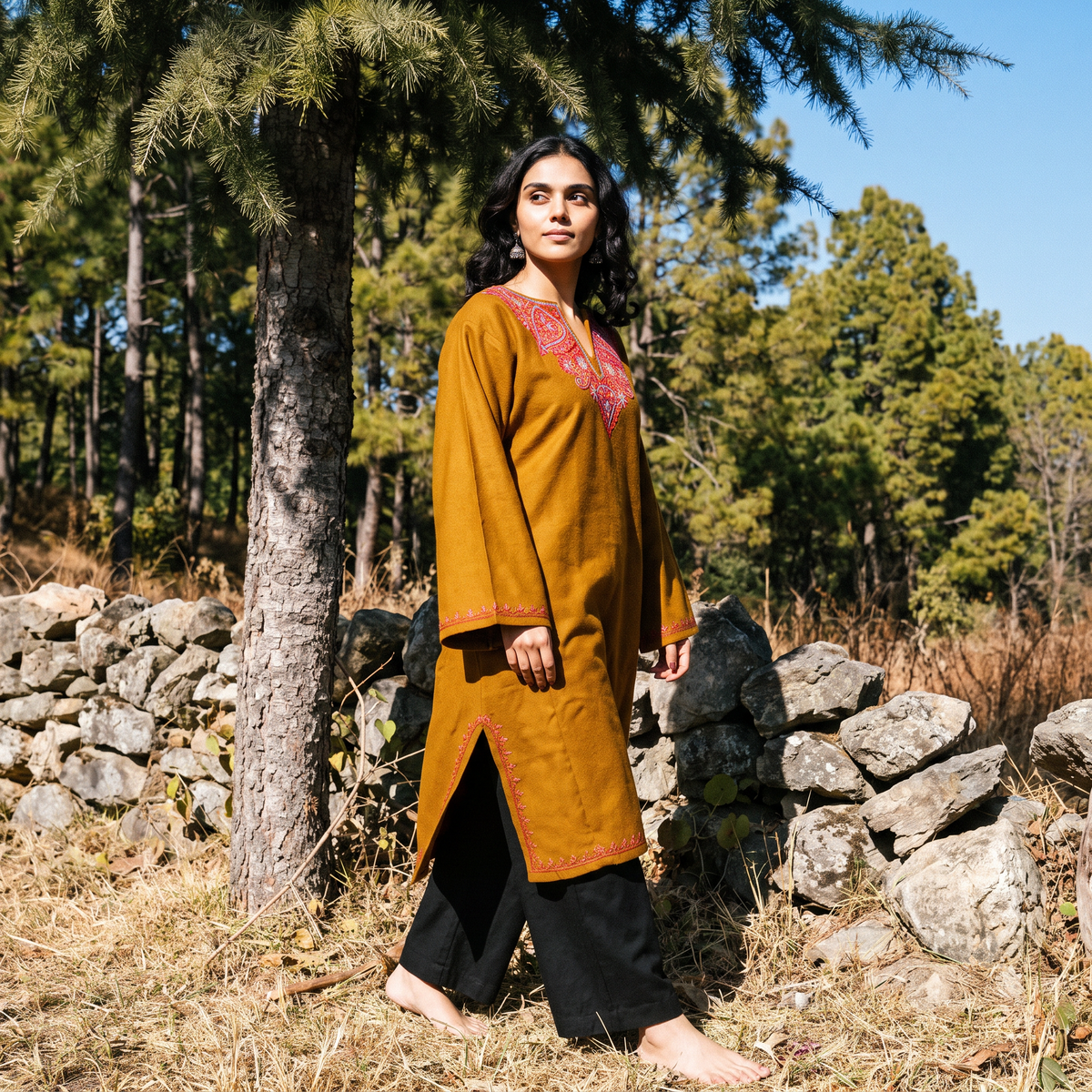 Brown Handwoven Sozni Hand Embroidered Kashmiri Merino Wool Pheran, worn by a model, AI visual of the pheran, iTokri