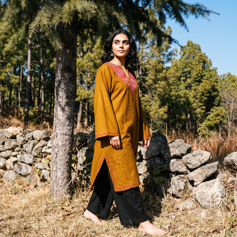 Brown Handwoven Sozni Hand Embroidered Kashmiri Merino Wool Pheran, worn by a model, AI visual of the pheran, iTokri