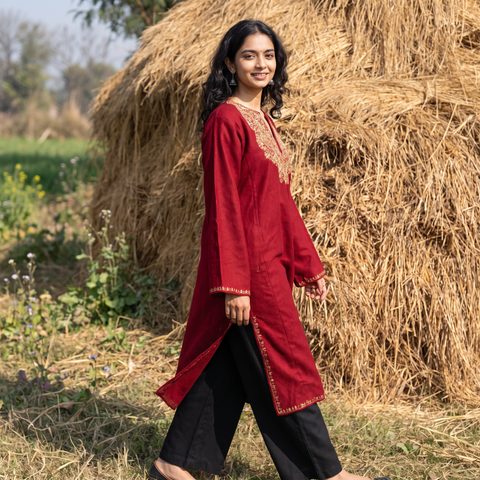 Red Handwoven Sozni Hand Embroidered Kashmiri Merino Wool Pheran, worn by a model, AI visual of the pheran, iTokri