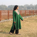 Green Handwoven Sozni Hand Embroidered Kashmiri Merino Wool Pheran, worn by a model, AI visual of the pheran, iTokri