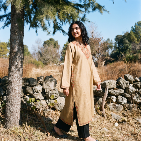 Brown Handwoven Sozni Hand Embroidered Kashmiri Merino Wool Pheran, worn by a model, AI visual of the pheran, iTokri