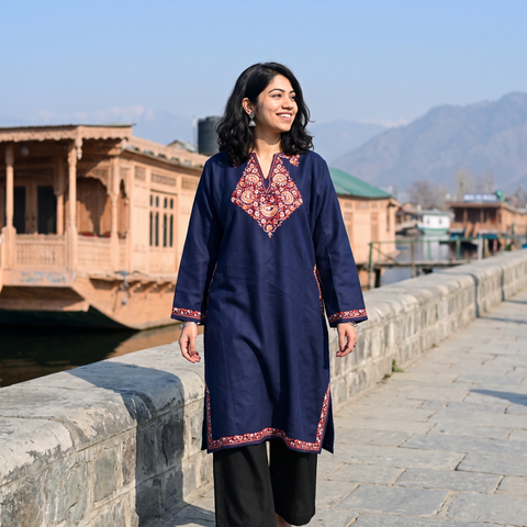 Blue Handwoven Sozni Hand Embroidered Kashmiri Merino Wool Pheran, worn by a model, AI visual of the pheran, iTokri