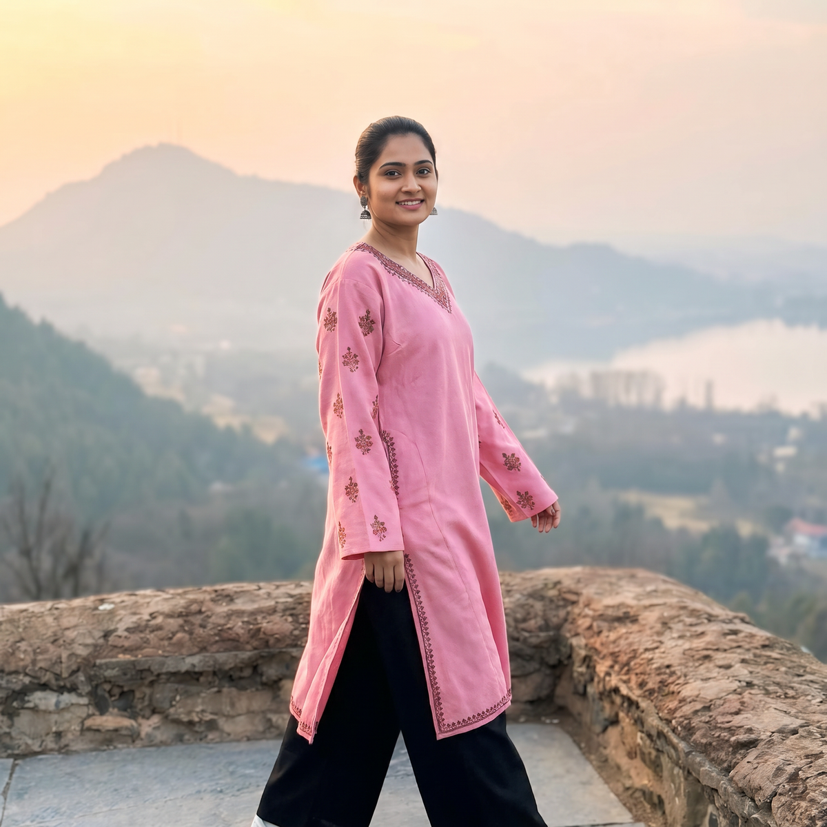 Pink Handwoven Sozni Hand Embroidered Kashmiri Merino Wool Pheran, worn by a model, AI visual of the pheran, iTokri