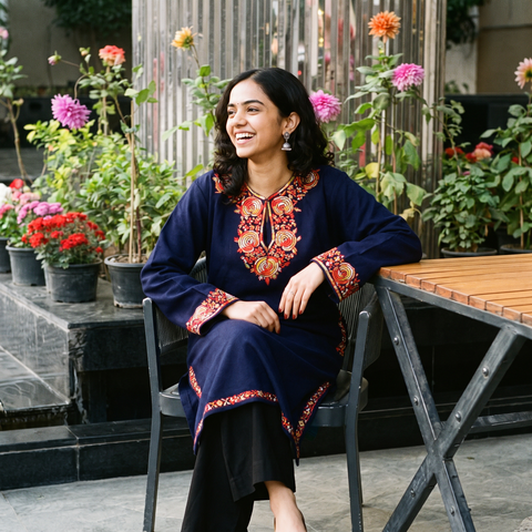 Blue Handwoven Sozni Hand Embroidered Kashmiri Merino Wool Pheran, worn by a model, AI visual of the pheran, iTokri