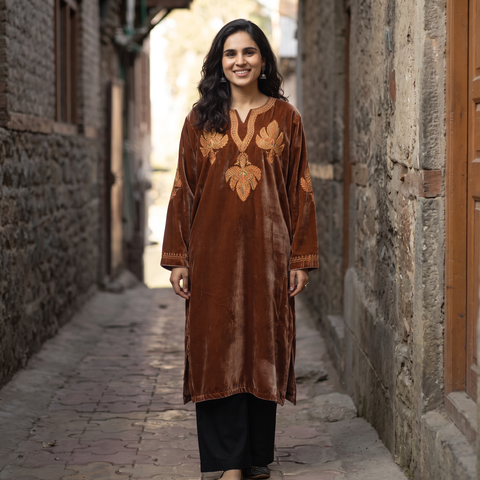Brown Handwoven Sozni Hand Embroidered Kashmiri Velvet Pheran, worn by a model, AI visual of the pheran, iTokri