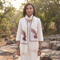 White Handwoven Sozni Hand Embroidered Merino Wool Kashmiri Stole, worn by a woman, AI visual of the stole, iTokri