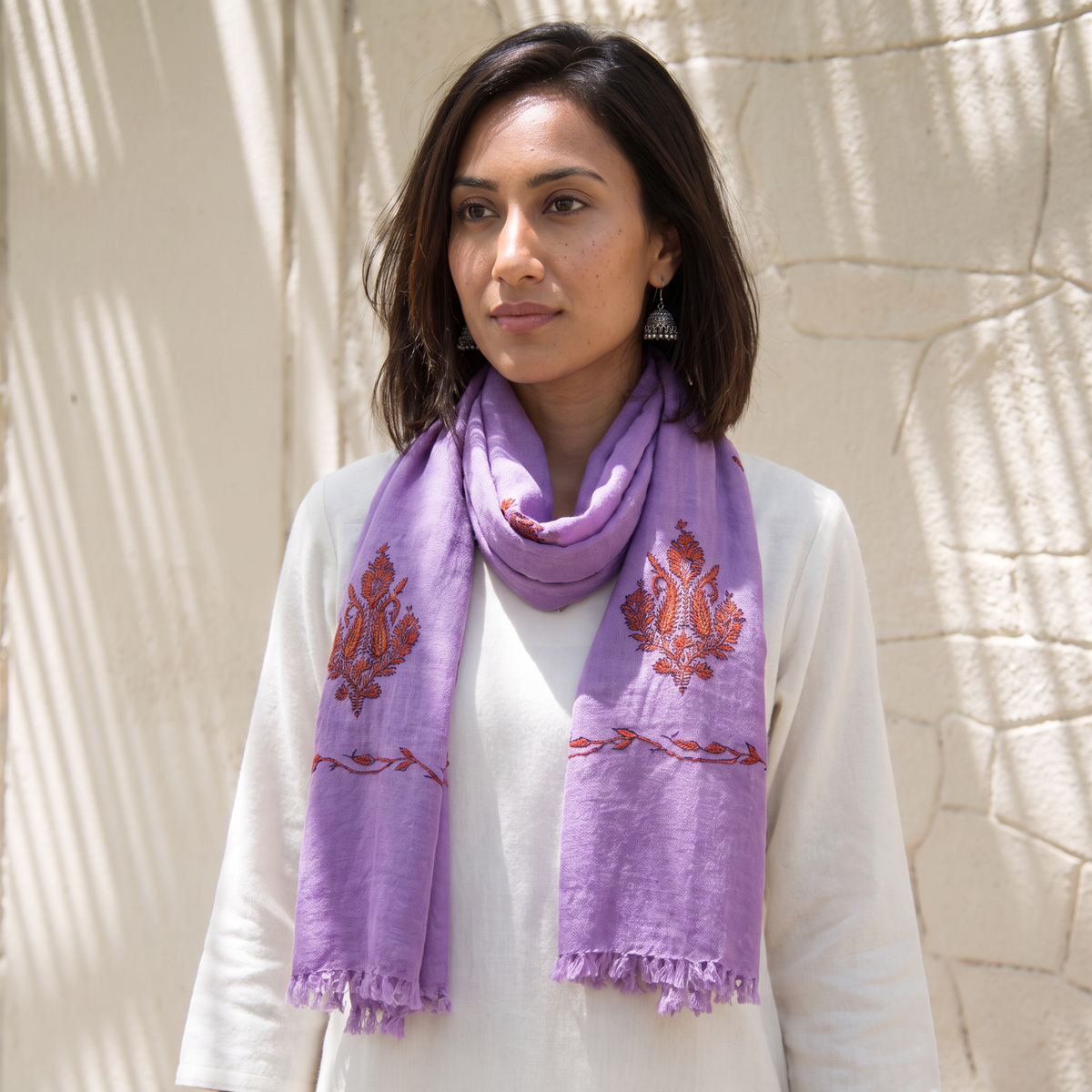 Purple Handwoven Sozni Hand Embroidered Merino Wool Kashmiri Stole, worn by a woman, AI visual of the stole, iTokri