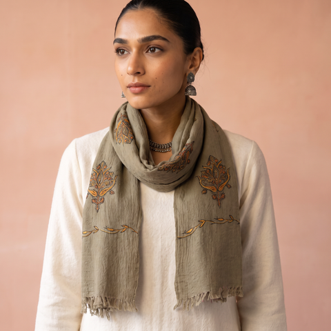 Brown Handwoven Sozni Hand Embroidered Merino Wool Kashmiri Stole, worn by a woman, AI visual of the stole, iTokri