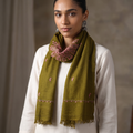 Green Handwoven Sozni Hand Embroidered Merino Wool Kashmiri Stole, worn by a woman, AI visual of the stole, iTokri