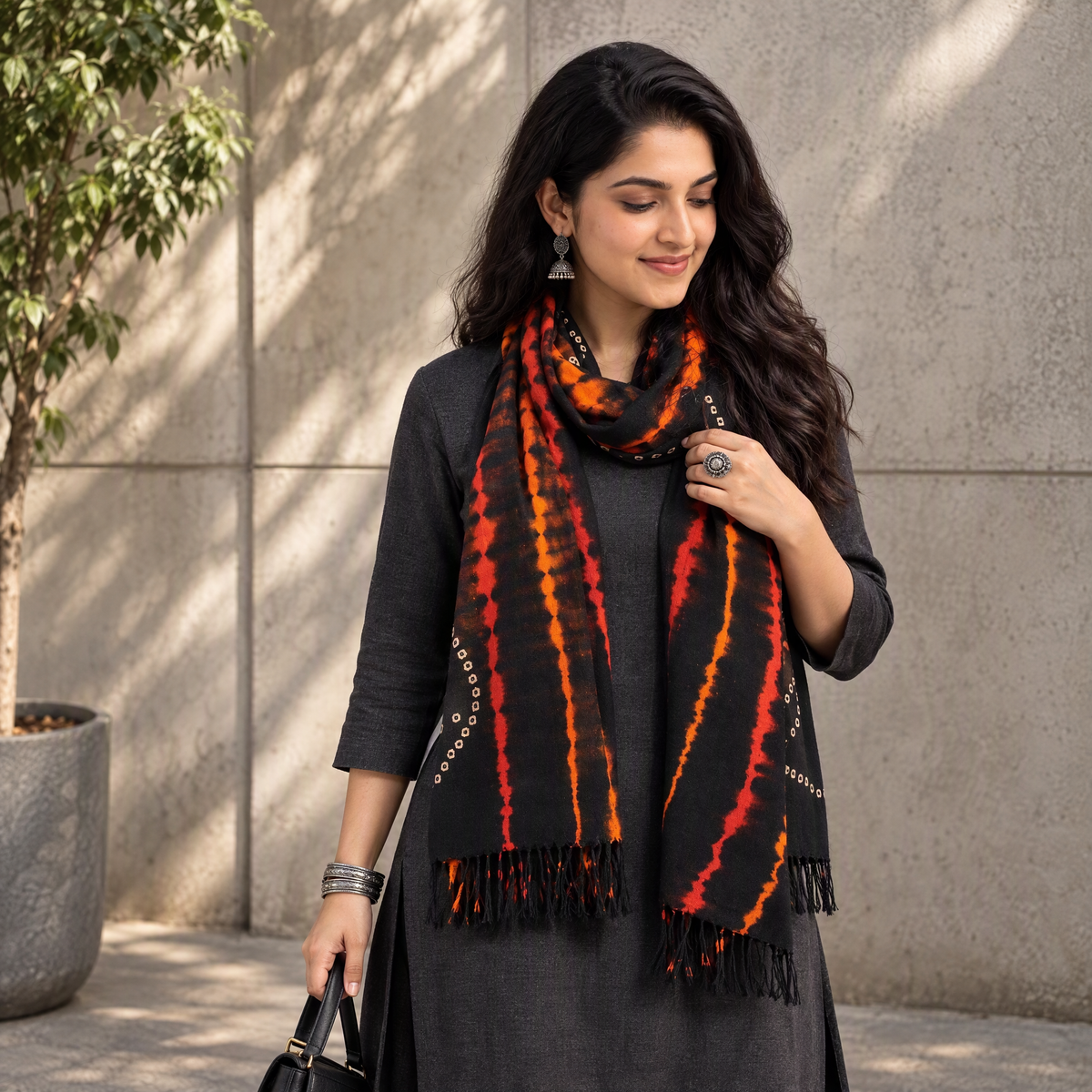 Black Handwoven Tie-Dye Merino Wool Shibori & Bandhani stole, worn by a woman, AI visual of the stole, iTokri