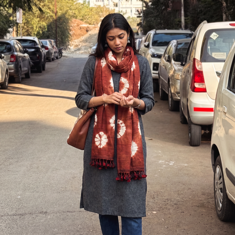 Brown Handwoven Tussar x Merino Wool Tie-Dye Shibori Stole, worn by a woman, AI visual of the stole, iTokri