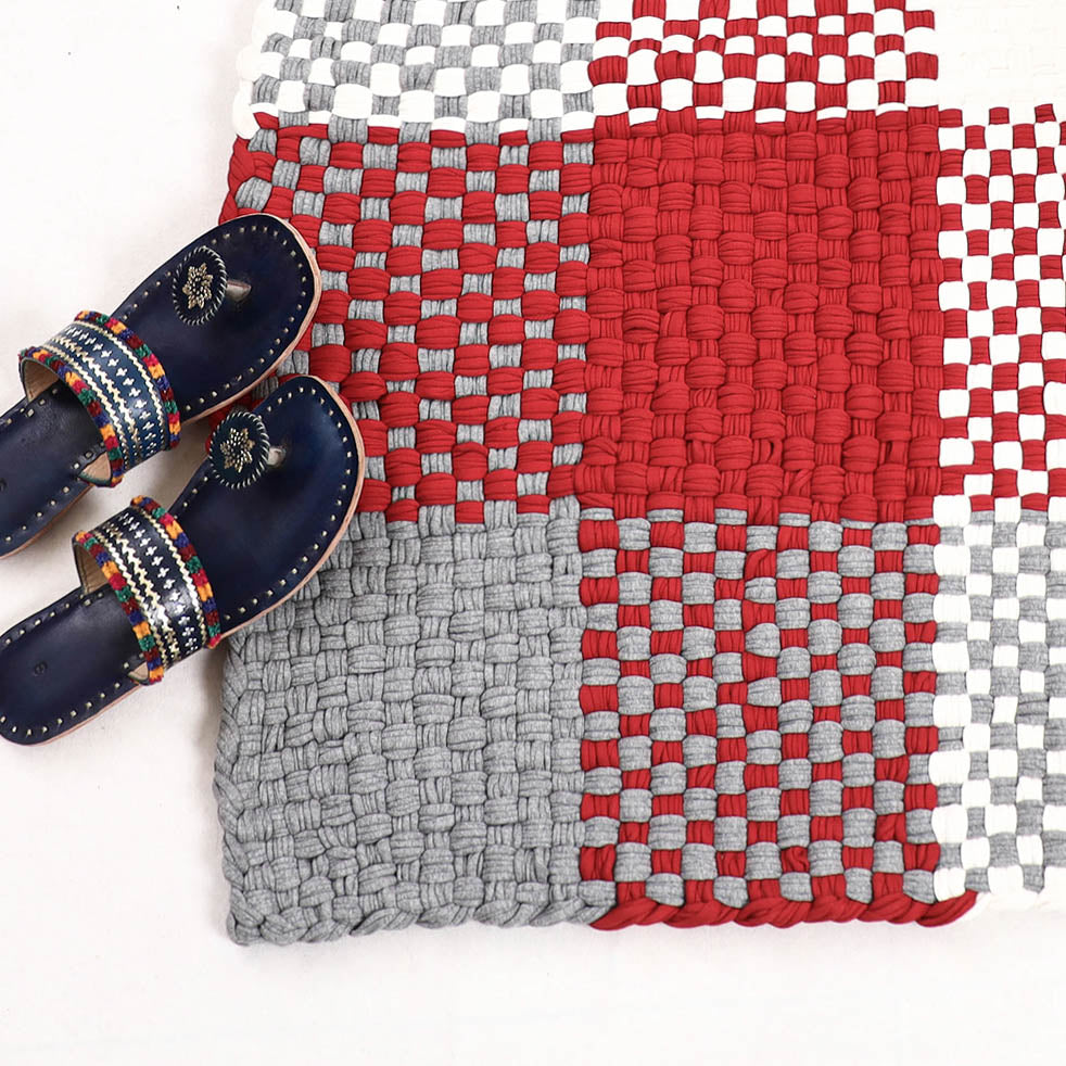 Red & Black Handwoven Upcycled Cotton Carpet / Rug