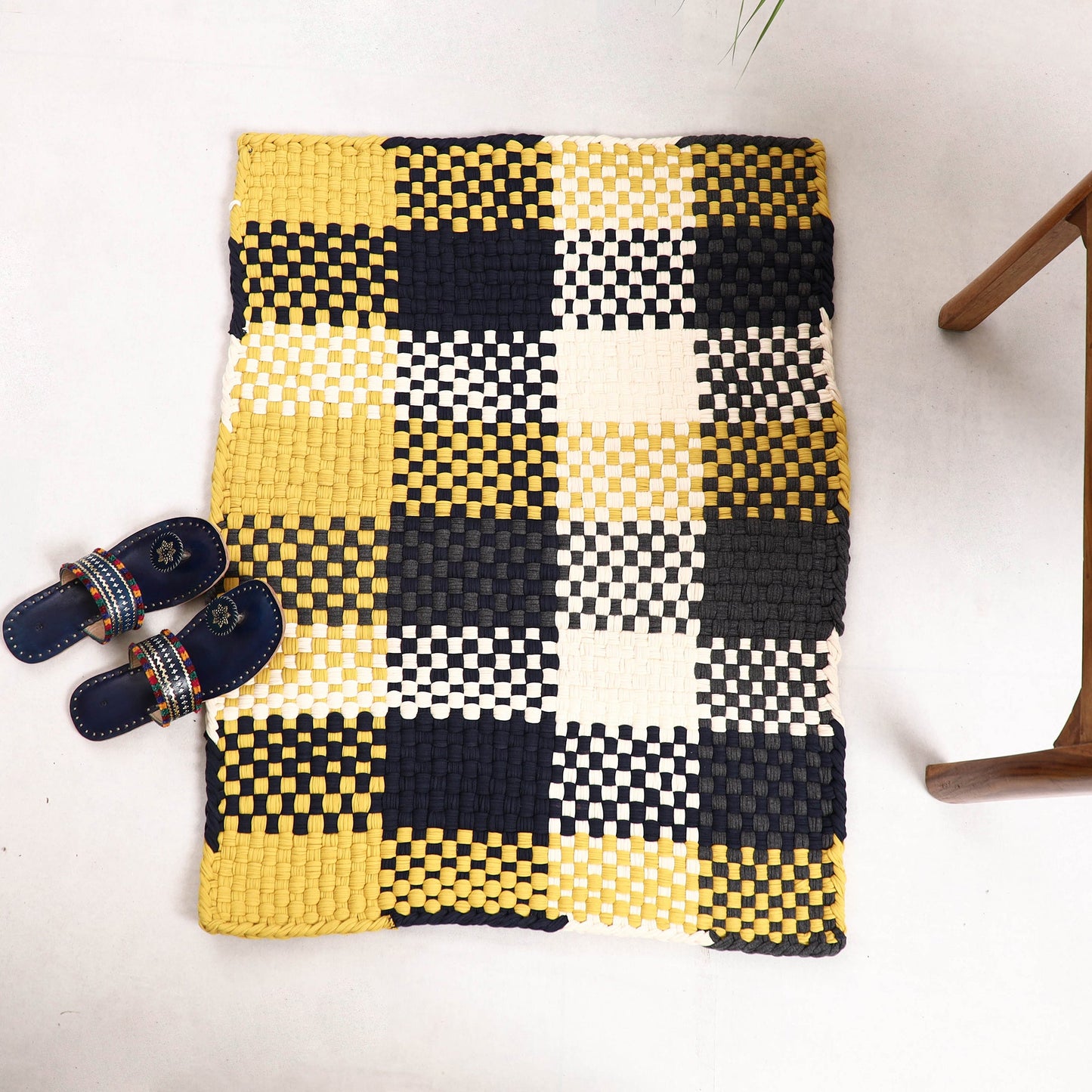  Yellow & Black Handwoven Upcycled Cotton Carpet / Rug 