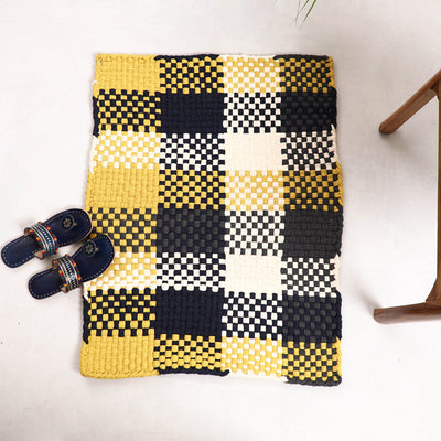  Yellow & Black Handwoven Upcycled Cotton Carpet / Rug 