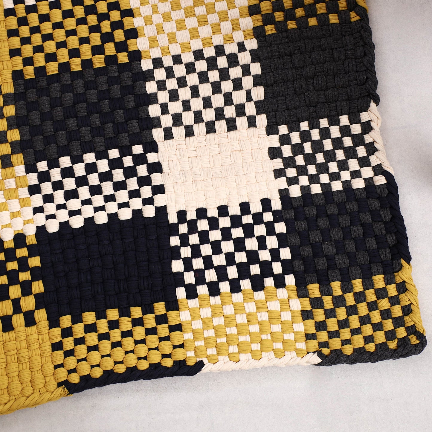  Yellow & Black Handwoven Upcycled Cotton Carpet / Rug 