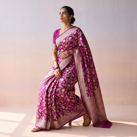 Pink Handwoven Zari Jaal Work Mulberry x Muga Silk Heavy Banarasi Saree, draped and worn by a woman, AI visual of the saree, iTokri